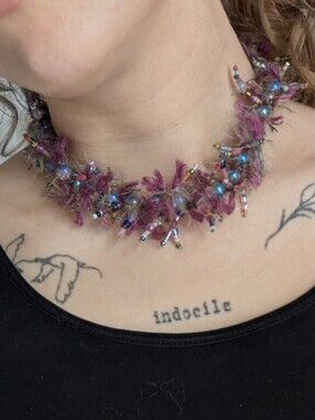 Handcrafted Pink Beaded Fiber Choker Necklace
